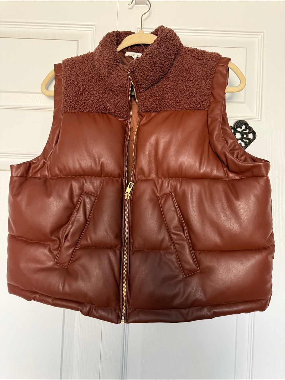 Maurices Rust Brown Faux-Leather Puffer Vest with Sherpa Yoke